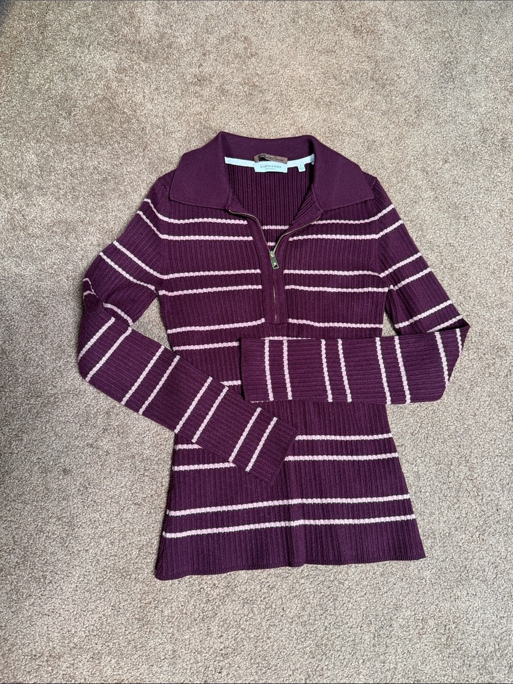 NWOT Scotch & Soda Purple and Light Pink Striped Ribbed Half-Zip Sweater